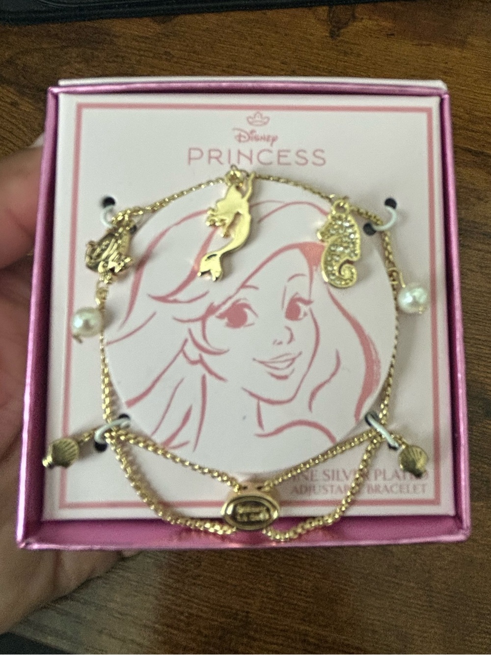 Disney Gold Ariel Charm Bracelet Set with Pink Box Accents NWOT